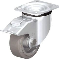 Blickle - 4" Diam x 1-37/64" Wide x 5-7/64" OAH Top Plate Mount Swivel Caster with Brake - Solid Rubber, 440 Lb Capacity, Ball Bearing, 3-15/16 x 3-3/8" Plate - A1 Tooling