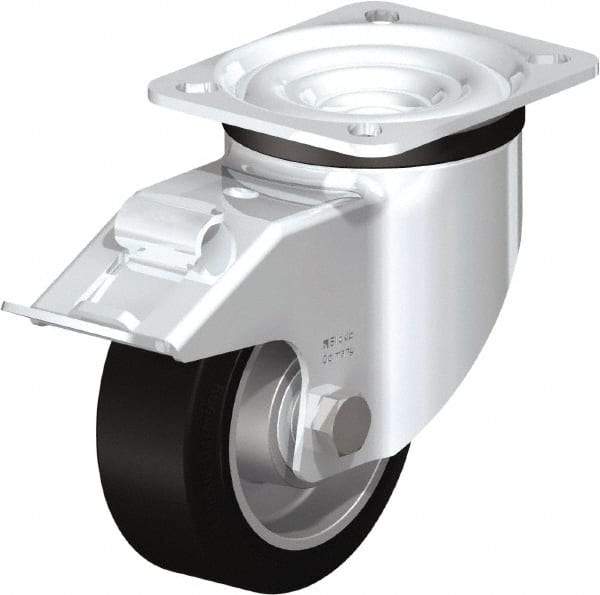 Blickle - 4" Diam x 1-37/64" Wide x 5-7/64" OAH Top Plate Mount Swivel Caster with Brake - Solid Rubber, 440 Lb Capacity, Ball Bearing, 3-15/16 x 3-3/8" Plate - A1 Tooling