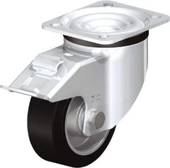 Blickle - 4" Diam x 1-37/64" Wide x 5-7/64" OAH Top Plate Mount Swivel Caster with Brake - Solid Rubber, 440 Lb Capacity, Ball Bearing, 3-15/16 x 3-3/8" Plate - A1 Tooling