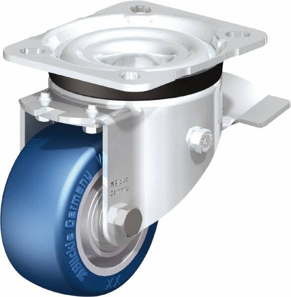 Blickle - 3" Diam x 1-37/64" Wide x 4-21/64" OAH Top Plate Mount Swivel Caster with Brake - Polyurethane-Elastomer Blickle Besthane, 506 Lb Capacity, Ball Bearing, 3-15/16 x 3-3/8" Plate - A1 Tooling