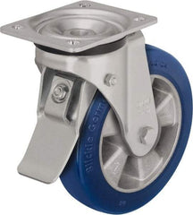 Blickle - 5" Diam x 2-1/8" Wide x 6-11/16" OAH Top Plate Mount Swivel Caster with Brake - Polyurethane-Elastomer Blickle Besthane, 990 Lb Capacity, Ball Bearing, 5-1/2 x 4-3/8" Plate - A1 Tooling