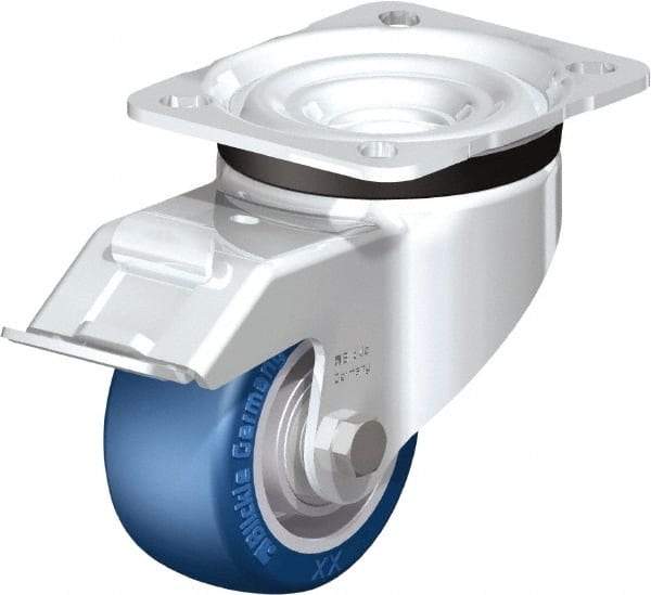 Blickle - 3" Diam x 1-37/64" Wide x 4-21/64" OAH Top Plate Mount Swivel Caster with Brake - Polyurethane-Elastomer Blickle Besthane, 506 Lb Capacity, Ball Bearing, 3-15/16 x 3-3/8" Plate - A1 Tooling