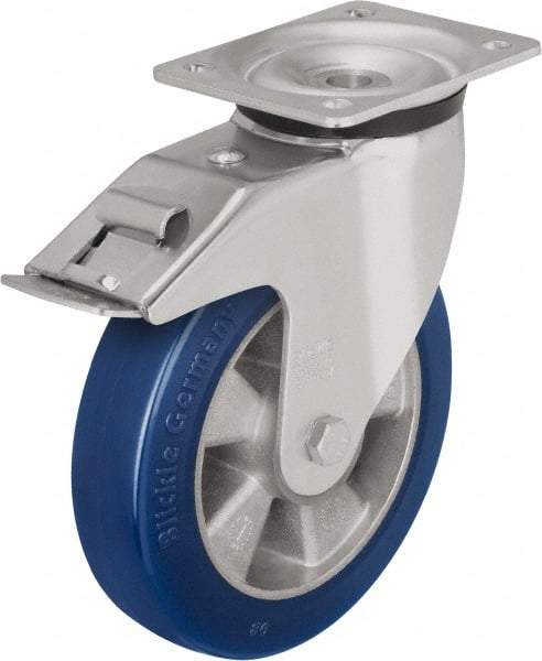 Blickle - 5" Diam x 2-1/8" Wide x 6-11/16" OAH Top Plate Mount Swivel Caster with Brake - Polyurethane-Elastomer Blickle Besthane, 990 Lb Capacity, Ball Bearing, 5-1/2 x 4-3/8" Plate - A1 Tooling