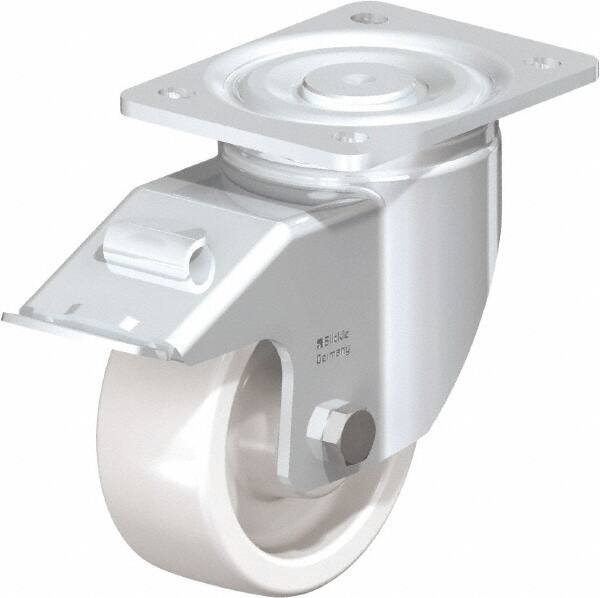 Blickle - 5" Diam x 1-31/32" Wide x 6-11/16" OAH Top Plate Mount Swivel Caster with Brake - Impact-Resistant Nylon, 1,650 Lb Capacity, Plain Bore Bearing, 5-1/2 x 4-3/8" Plate - A1 Tooling