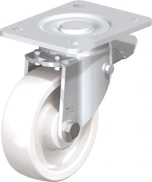 Blickle - 5" Diam x 1-29/64" Wide x 6-1/2" OAH Top Plate Mount Swivel Caster with Brake - Impact-Resistant Nylon, 1,540 Lb Capacity, Plain Bore Bearing, 5-1/2 x 4-3/8" Plate - A1 Tooling