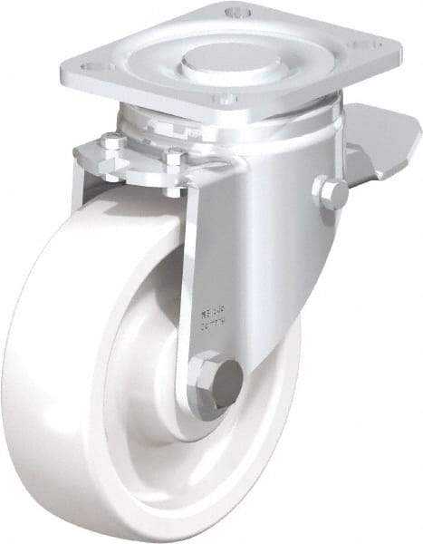 Blickle - 5" Diam x 1-29/64" Wide x 6-1/2" OAH Top Plate Mount Swivel Caster with Brake - Impact-Resistant Nylon, 1,540 Lb Capacity, Plain Bore Bearing, 3-15/16 x 3-3/8" Plate - A1 Tooling