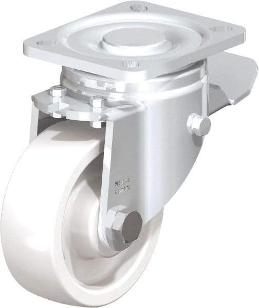 Blickle - 4" Diam x 1-29/64" Wide x 5-33/64" OAH Top Plate Mount Swivel Caster with Brake - Impact-Resistant Nylon, 1,100 Lb Capacity, Plain Bore Bearing, 3-15/16 x 3-3/8" Plate - A1 Tooling