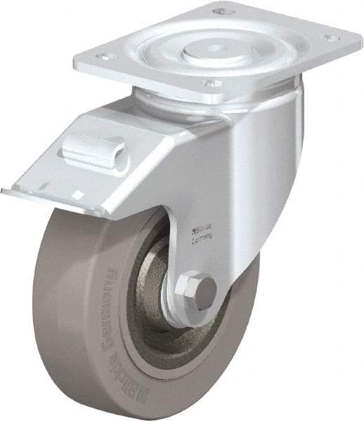 Blickle - 6-1/2" Diam x 1-31/32" Wide x 7-61/64" OAH Top Plate Mount Swivel Caster with Brake - Solid Rubber, 990 Lb Capacity, Ball Bearing, 5-1/2 x 4-3/8" Plate - A1 Tooling