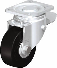 Blickle - 4" Diam x 1-49/64" Wide x 5-33/64" OAH Top Plate Mount Swivel Caster with Brake - Solid Rubber, 594 Lb Capacity, Ball Bearing, 3-15/16 x 3-3/8" Plate - A1 Tooling