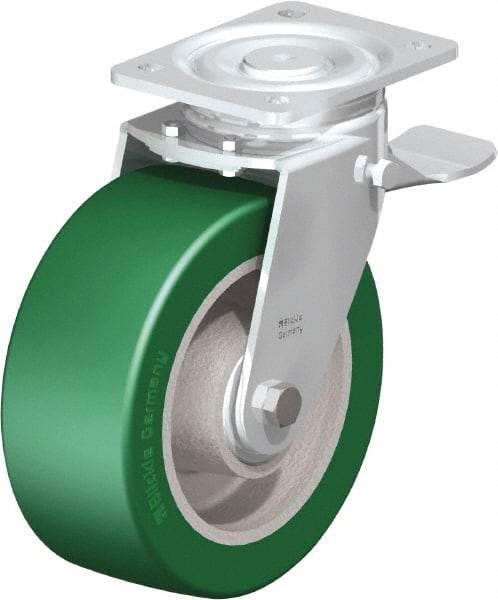 Blickle - 8" Diam x 3-9/64" Wide x 9-41/64" OAH Top Plate Mount Swivel Caster with Brake - Polyurethane-Elastomer Blickle Softhane, 1,760 Lb Capacity, Ball Bearing, 5-1/2 x 4-3/8" Plate - A1 Tooling