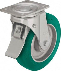 Blickle - 6-1/2" Diam x 1-31/32" Wide x 7-61/64" OAH Top Plate Mount Swivel Caster with Brake - Polyurethane-Elastomer Blickle Softhane, 1,320 Lb Capacity, Ball Bearing, 5-1/2 x 4-3/8" Plate - A1 Tooling