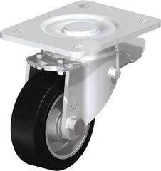 Blickle - 4" Diam x 1-9/16" Wide x 5-33/64" OAH Top Plate Mount Swivel Caster with Brake - Solid Rubber, 440 Lb Capacity, Ball Bearing, 5-1/2 x 4-3/8" Plate - A1 Tooling