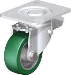 Blickle - 4" Diam x 1-9/16" Wide x 5-33/64" OAH Top Plate Mount Swivel Caster with Brake - Polyurethane-Elastomer Blickle Softhane, 660 Lb Capacity, Ball Bearing, 5-1/2 x 4-3/8" Plate - A1 Tooling