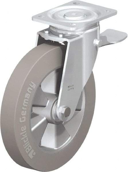 Blickle - 10" Diam x 2" Wide x 11-39/64" OAH Top Plate Mount Swivel Caster with Brake - Solid Rubber, 1,430 Lb Capacity, Ball Bearing, 5-1/2 x 4-3/8" Plate - A1 Tooling