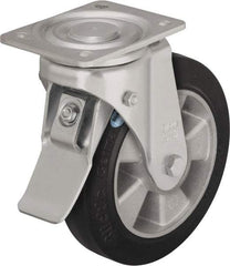 Blickle - 6-1/2" Diam x 2" Wide x 7-61/64" OAH Top Plate Mount Swivel Caster with Brake - Solid Rubber, 880 Lb Capacity, Ball Bearing, 5-1/2 x 4-3/8" Plate - A1 Tooling