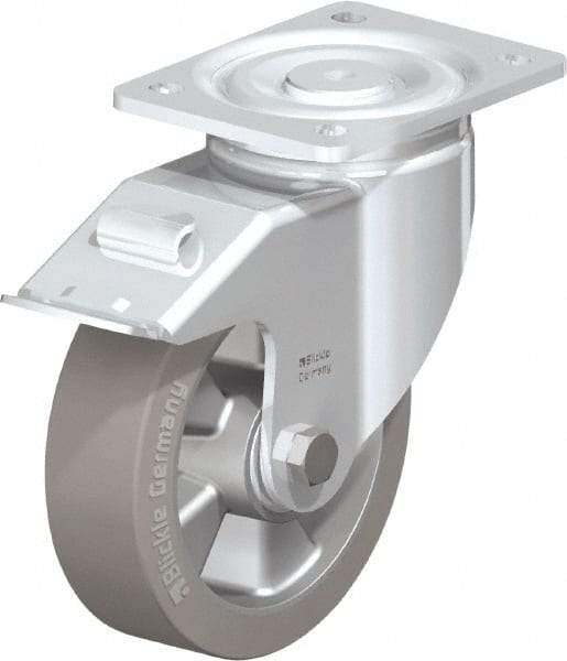 Blickle - 6-1/2" Diam x 2" Wide x 7-61/64" OAH Top Plate Mount Swivel Caster with Brake - Solid Rubber, 880 Lb Capacity, Ball Bearing, 5-1/2 x 4-3/8" Plate - A1 Tooling