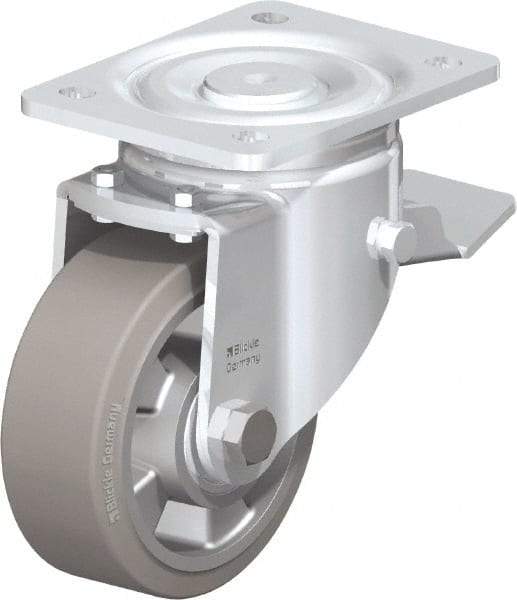 Blickle - 5" Diam x 2" Wide x 6-11/16" OAH Top Plate Mount Swivel Caster with Brake - Solid Rubber, 594 Lb Capacity, Ball Bearing, 5-1/2 x 4-3/8" Plate - A1 Tooling