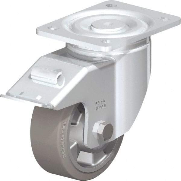 Blickle - 5" Diam x 2" Wide x 6-11/16" OAH Top Plate Mount Swivel Caster with Brake - Solid Rubber, 594 Lb Capacity, Ball Bearing, 5-1/2 x 4-3/8" Plate - A1 Tooling