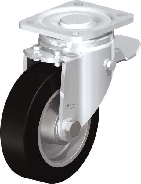 Blickle - 5" Diam x 1-9/16" Wide x 6-1/2" OAH Top Plate Mount Swivel Caster with Brake - Solid Rubber, 550 Lb Capacity, Ball Bearing, 3-15/16 x 3-3/8" Plate - A1 Tooling