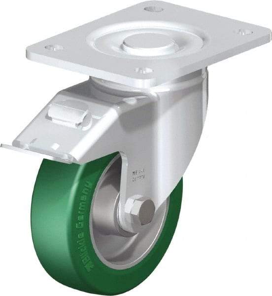 Blickle - 5" Diam x 1-9/16" Wide x 6-1/2" OAH Top Plate Mount Swivel Caster with Brake - Polyurethane-Elastomer Blickle Softhane, 770 Lb Capacity, Ball Bearing, 5-1/2 x 4-3/8" Plate - A1 Tooling