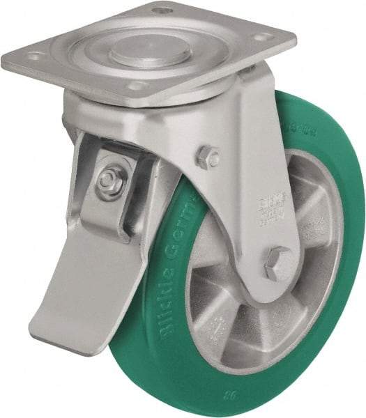 Blickle - 6" Diam x 2-1/8" Wide x 7-3/4" OAH Top Plate Mount Swivel Caster with Brake - Polyurethane-Elastomer Blickle Softhane, 1,100 Lb Capacity, Ball Bearing, 5-1/2 x 4-3/8" Plate - A1 Tooling