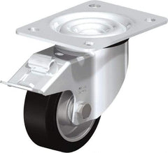 Blickle - 4" Diam x 1-37/64" Wide x 5-7/64" OAH Top Plate Mount Swivel Caster with Brake - Solid Rubber, 440 Lb Capacity, Ball Bearing, 5-1/2 x 4-3/8" Plate - A1 Tooling