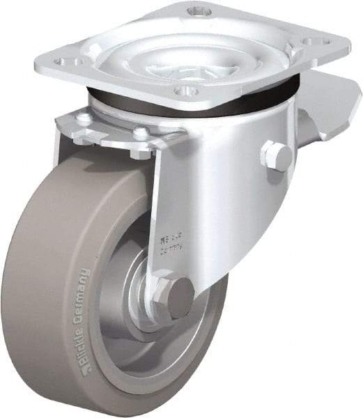 Blickle - 4" Diam x 1-37/64" Wide x 5-7/64" OAH Top Plate Mount Swivel Caster with Brake - Solid Rubber, 440 Lb Capacity, Ball Bearing, 3-15/16 x 3-3/8" Plate - A1 Tooling