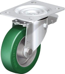 Blickle - 5" Diam x 1-37/64" Wide x 6-7/64" OAH Top Plate Mount Swivel Caster with Brake - Polyurethane-Elastomer Blickle Softhane, 770 Lb Capacity, Ball Bearing, 5-1/2 x 4-3/8" Plate - A1 Tooling