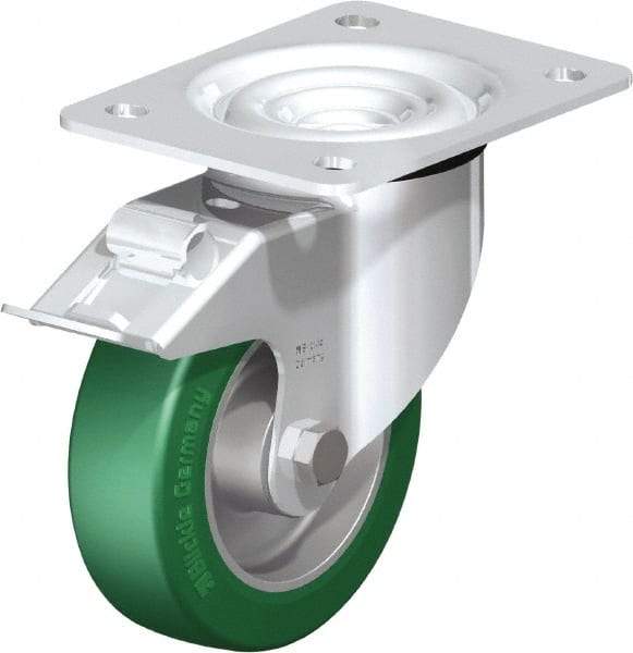 Blickle - 5" Diam x 1-37/64" Wide x 6-7/64" OAH Top Plate Mount Swivel Caster with Brake - Polyurethane-Elastomer Blickle Softhane, 770 Lb Capacity, Ball Bearing, 5-1/2 x 4-3/8" Plate - A1 Tooling