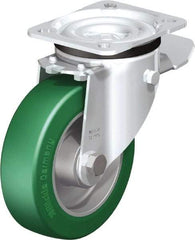 Blickle - 5" Diam x 1-37/64" Wide x 6-7/64" OAH Top Plate Mount Swivel Caster with Brake - Polyurethane-Elastomer Blickle Softhane, 770 Lb Capacity, Ball Bearing, 3-15/16 x 3-3/8" Plate - A1 Tooling