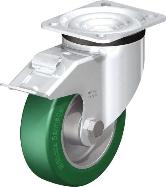 Blickle - 5" Diam x 1-37/64" Wide x 6-7/64" OAH Top Plate Mount Swivel Caster with Brake - Polyurethane-Elastomer Blickle Softhane, 770 Lb Capacity, Ball Bearing, 3-15/16 x 3-3/8" Plate - A1 Tooling