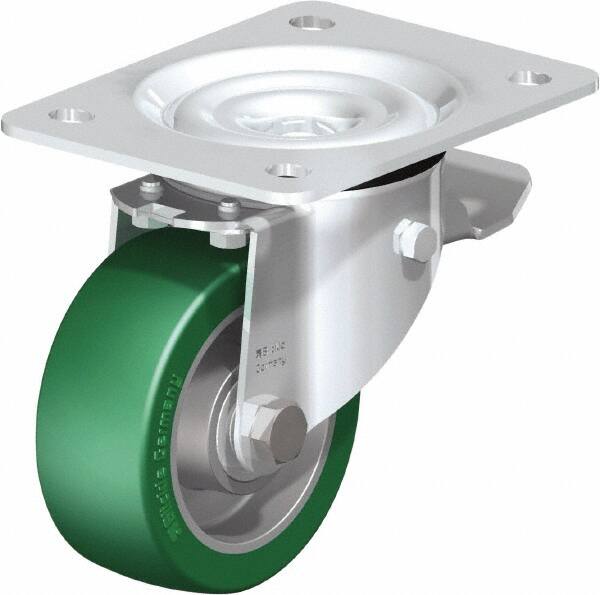 Blickle - 4" Diam x 1-37/64" Wide x 5-7/64" OAH Top Plate Mount Swivel Caster with Brake - Polyurethane-Elastomer Blickle Softhane, 660 Lb Capacity, Ball Bearing, 5-1/2 x 4-3/8" Plate - A1 Tooling