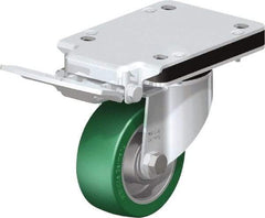 Blickle - 4" Diam x 1-37/64" Wide x 10-5/16" OAH Top Plate Mount Swivel Caster with Brake - Polyurethane-Elastomer Blickle Softhane, 660 Lb Capacity, Ball Bearing, 5-1/2 x 4-3/8" Plate - A1 Tooling