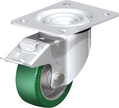 Blickle - 4" Diam x 1-37/64" Wide x 5-7/64" OAH Top Plate Mount Swivel Caster with Brake - Polyurethane-Elastomer Blickle Softhane, 660 Lb Capacity, Ball Bearing, 5-1/2 x 4-3/8" Plate - A1 Tooling