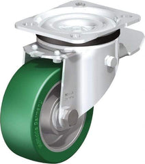 Blickle - 4" Diam x 1-37/64" Wide x 5-7/64" OAH Top Plate Mount Swivel Caster with Brake - Polyurethane-Elastomer Blickle Softhane, 660 Lb Capacity, Ball Bearing, 3-15/16 x 3-3/8" Plate - A1 Tooling