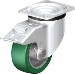 Blickle - 4" Diam x 1-37/64" Wide x 5-7/64" OAH Top Plate Mount Swivel Caster with Brake - Polyurethane-Elastomer Blickle Softhane, 660 Lb Capacity, Ball Bearing, 3-15/16 x 3-3/8" Plate - A1 Tooling