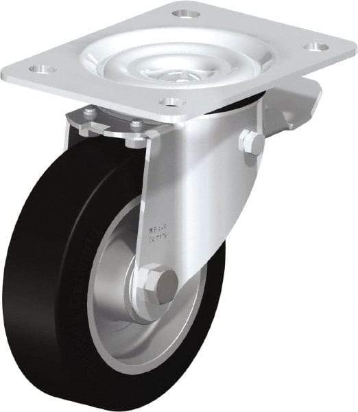 Blickle - 5" Diam x 1-37/64" Wide x 6-7/64" OAH Top Plate Mount Swivel Caster with Brake - Solid Rubber, 550 Lb Capacity, Ball Bearing, 5-1/2 x 4-3/8" Plate - A1 Tooling