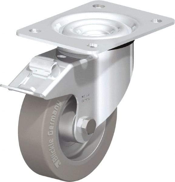 Blickle - 5" Diam x 1-37/64" Wide x 6-7/64" OAH Top Plate Mount Swivel Caster with Brake - Solid Rubber, 550 Lb Capacity, Ball Bearing, 5-1/2 x 4-3/8" Plate - A1 Tooling