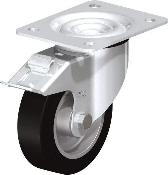 Blickle - 5" Diam x 1-37/64" Wide x 6-7/64" OAH Top Plate Mount Swivel Caster with Brake - Solid Rubber, 550 Lb Capacity, Ball Bearing, 5-1/2 x 4-3/8" Plate - A1 Tooling