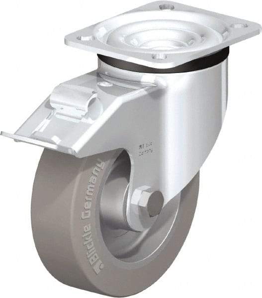 Blickle - 5" Diam x 1-37/64" Wide x 6-7/64" OAH Top Plate Mount Swivel Caster with Brake - Solid Rubber, 550 Lb Capacity, Ball Bearing, 3-15/16 x 3-3/8" Plate - A1 Tooling