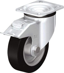 Blickle - 5" Diam x 1-37/64" Wide x 6-7/64" OAH Top Plate Mount Swivel Caster with Brake - Solid Rubber, 550 Lb Capacity, Ball Bearing, 3-15/16 x 3-3/8" Plate - A1 Tooling