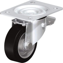 Blickle - 4" Diam x 1-37/64" Wide x 5-7/64" OAH Top Plate Mount Swivel Caster with Brake - Solid Rubber, 440 Lb Capacity, Ball Bearing, 5-1/2 x 4-3/8" Plate - A1 Tooling