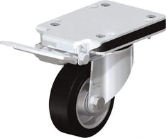 Blickle - 4" Diam x 1-37/64" Wide x 5-5/32" OAH Top Plate Mount Swivel Caster with Brake - Solid Rubber, 440 Lb Capacity, Ball Bearing, 5-1/2 x 4-3/8" Plate - A1 Tooling