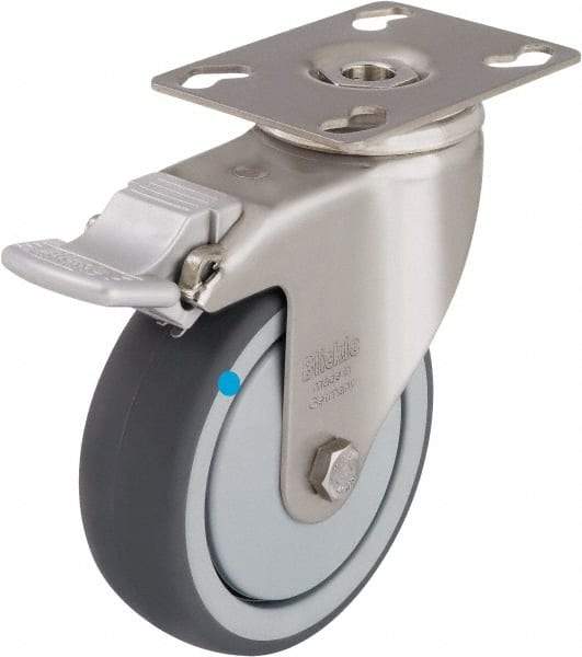 Blickle - 3" Diam x 1-1/4" Wide x 4-3/8" OAH Top Plate Mount Swivel Caster with Brake - Thermoplastic Rubber Elastomer (TPE), 220 Lb Capacity, Ball Bearing, 3-9/16 x 2-5/8" Plate - A1 Tooling