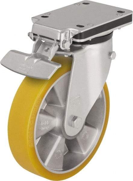 Blickle - 5" Diam x 1-9/16" Wide x 6-49/64" OAH Top Plate Mount Swivel Caster with Brake - Polyurethane-Elastomer Blickle Extrathane, 770 Lb Capacity, Ball Bearing, 5-1/2 x 4-3/8" Plate - A1 Tooling