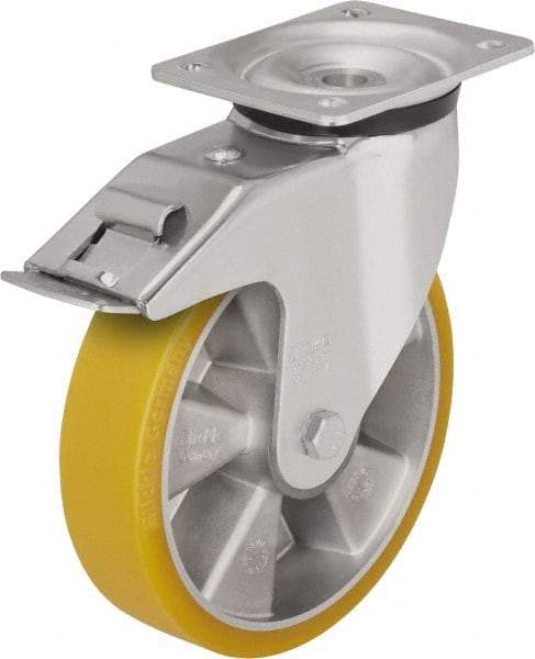 Blickle - 5" Diam x 1-9/16" Wide x 6-7/64" OAH Top Plate Mount Swivel Caster with Brake - Polyurethane-Elastomer Blickle Extrathane, 770 Lb Capacity, Ball Bearing, 5-1/2 x 4-3/8" Plate - A1 Tooling