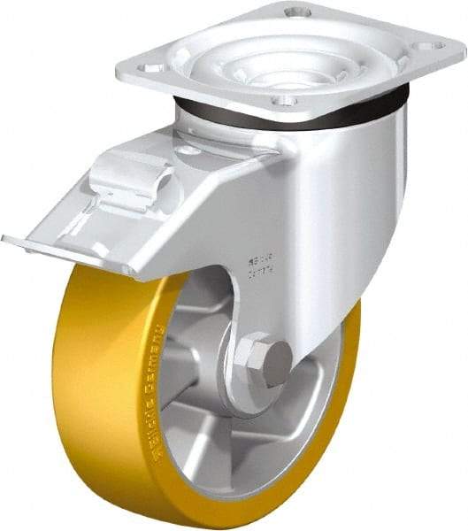 Blickle - 5" Diam x 1-9/16" Wide x 6-7/64" OAH Top Plate Mount Swivel Caster with Brake - Polyurethane-Elastomer Blickle Extrathane, 770 Lb Capacity, Ball Bearing, 3-15/16 x 3-3/8" Plate - A1 Tooling