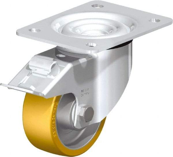 Blickle - 4" Diam x 1-9/16" Wide x 5-7/64" OAH Top Plate Mount Swivel Caster with Brake - Polyurethane-Elastomer Blickle Extrathane, 550 Lb Capacity, Ball Bearing, 5-1/2 x 4-3/8" Plate - A1 Tooling