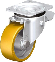 Blickle - 4" Diam x 1-9/16" Wide x 5-7/64" OAH Top Plate Mount Swivel Caster with Brake - Polyurethane-Elastomer Blickle Extrathane, 550 Lb Capacity, Ball Bearing, 3-15/16 x 3-3/8" Plate - A1 Tooling