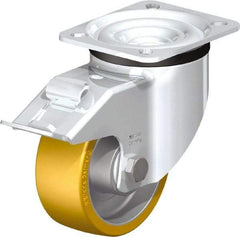 Blickle - 4" Diam x 1-9/16" Wide x 5-7/64" OAH Top Plate Mount Swivel Caster with Brake - Polyurethane-Elastomer Blickle Extrathane, 550 Lb Capacity, Ball Bearing, 3-15/16 x 3-3/8" Plate - A1 Tooling